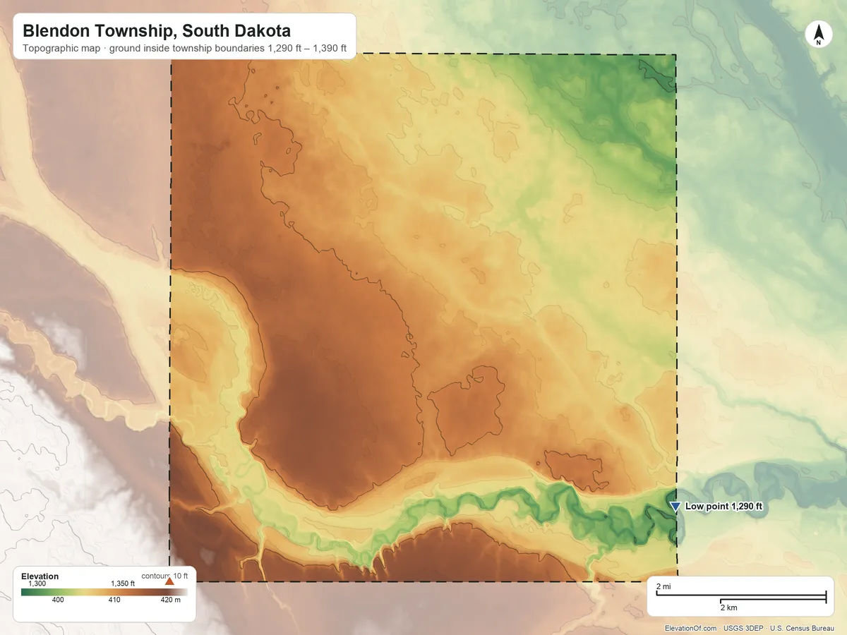 Topographic elevation map of Blendon Township, South Dakota, shaded from 1,290 ft on the southeast side to 1,390 ft on the southwest side
