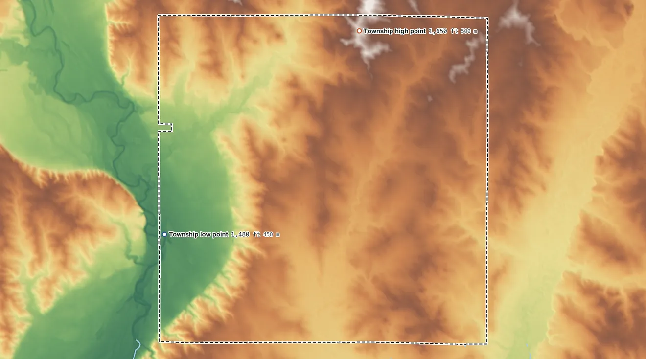 Topographic elevation map of Blinsmon Township, South Dakota, shaded from 1,480 ft on the west side to 1,650 ft on the north side