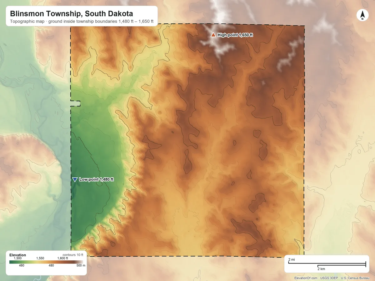 Topographic elevation map of Blinsmon Township, South Dakota, shaded from 1,480 ft on the west side to 1,650 ft on the north side