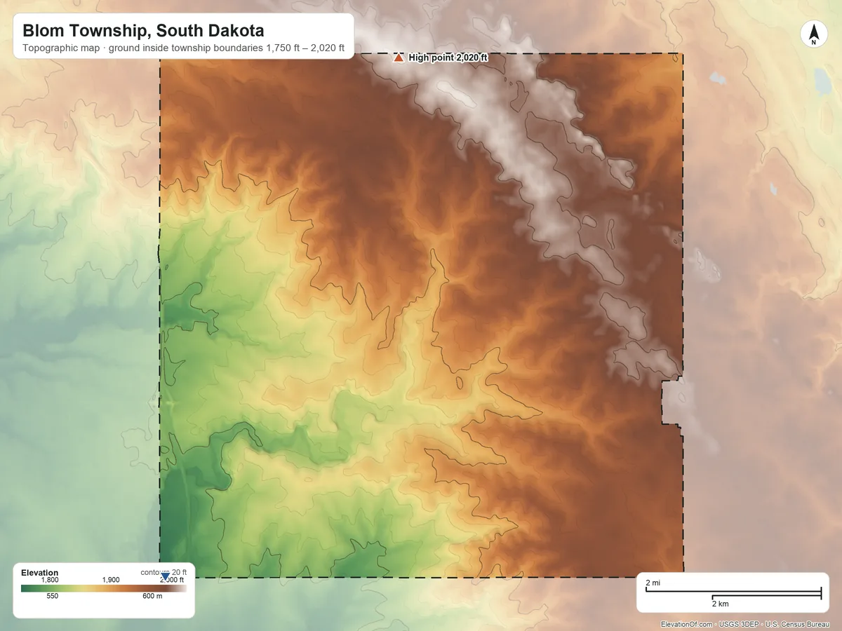 Topographic elevation map of Blom Township, South Dakota, shaded from 1,750 ft on the southwest side to 2,020 ft on the north side