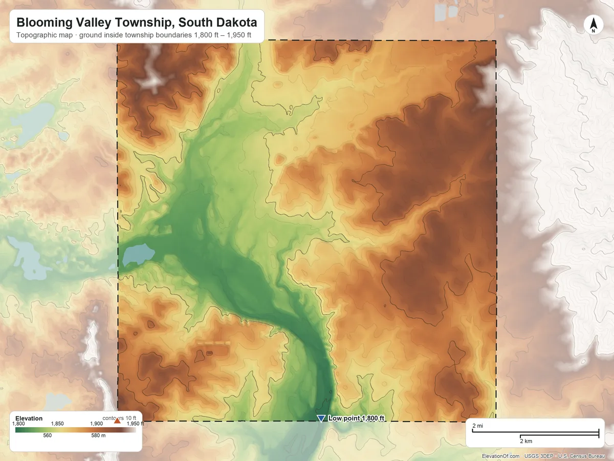 Topographic elevation map of Blooming Valley Township, South Dakota, shaded from 1,800 ft on the south side to 1,950 ft on the southwest side