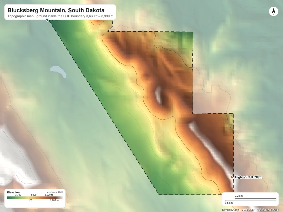 Topographic elevation map of Blucksberg Mountain, South Dakota, shaded from 3,630 ft on the northwest side to 3,990 ft at the foot of the Black Hills