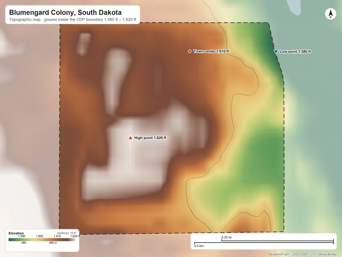 Topographic elevation map of Blumengard Colony, South Dakota, shaded from 1,580 ft on the east side to 1,620 ft on the southwest side
