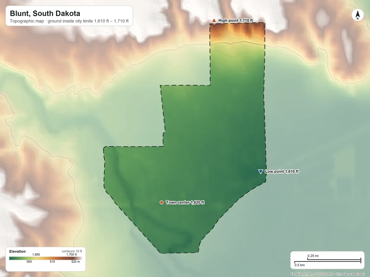 Topographic elevation map of Blunt, South Dakota, shaded from 1,610 ft on the east side to 1,710 ft on the north side