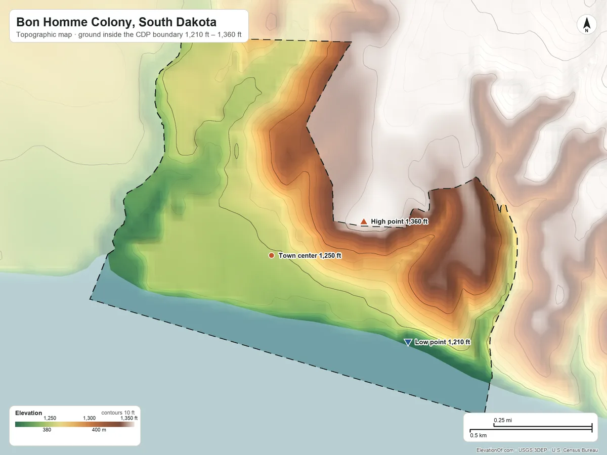 Topographic elevation map of Bon Homme Colony, South Dakota, shaded from 1,210 ft on the southeast side to 1,360 ft on the east side