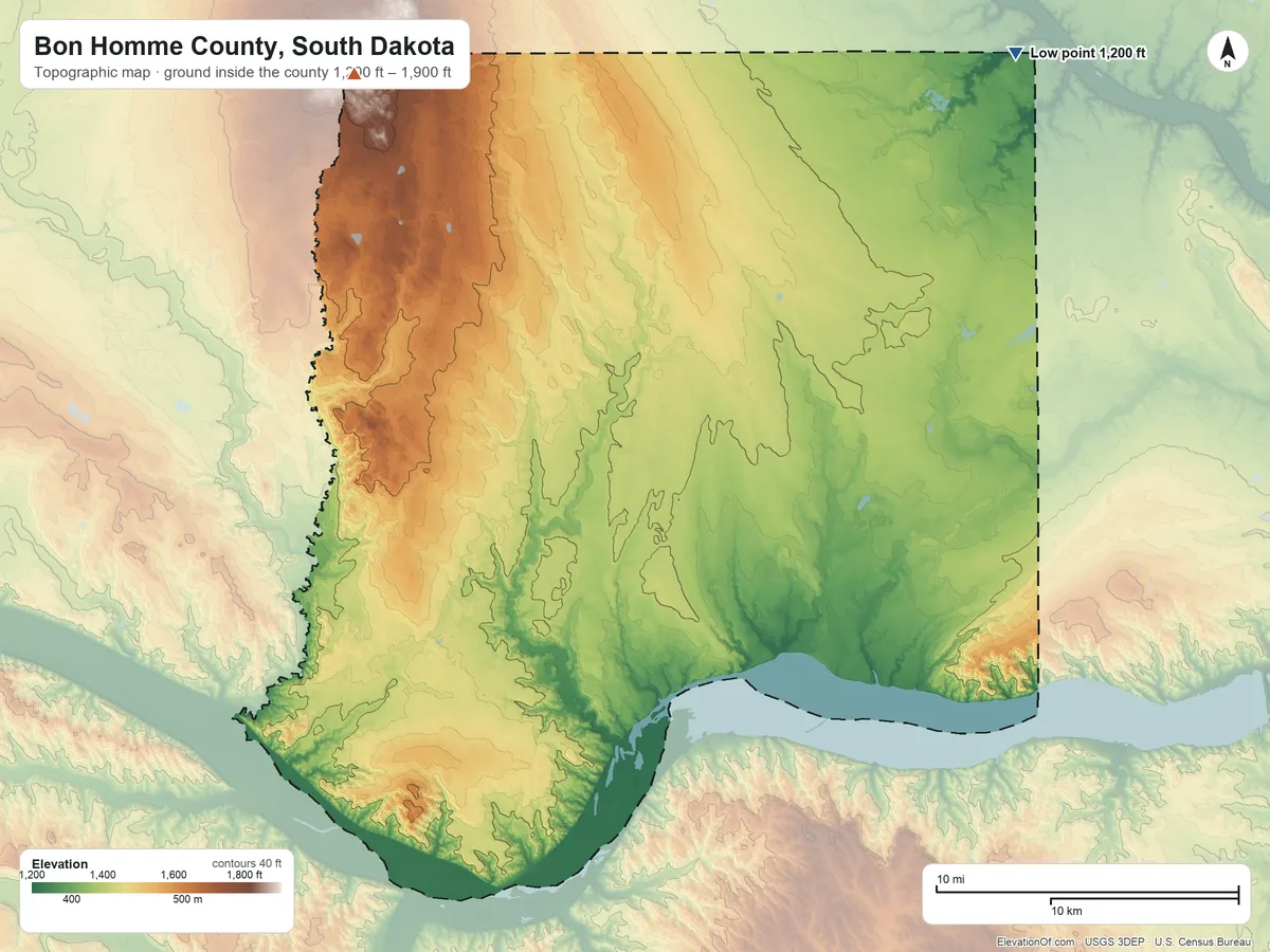 Topographic elevation map of Bon Homme County, South Dakota, shaded from 1,200 ft on the northeast side to 1,900 ft on the northwest side