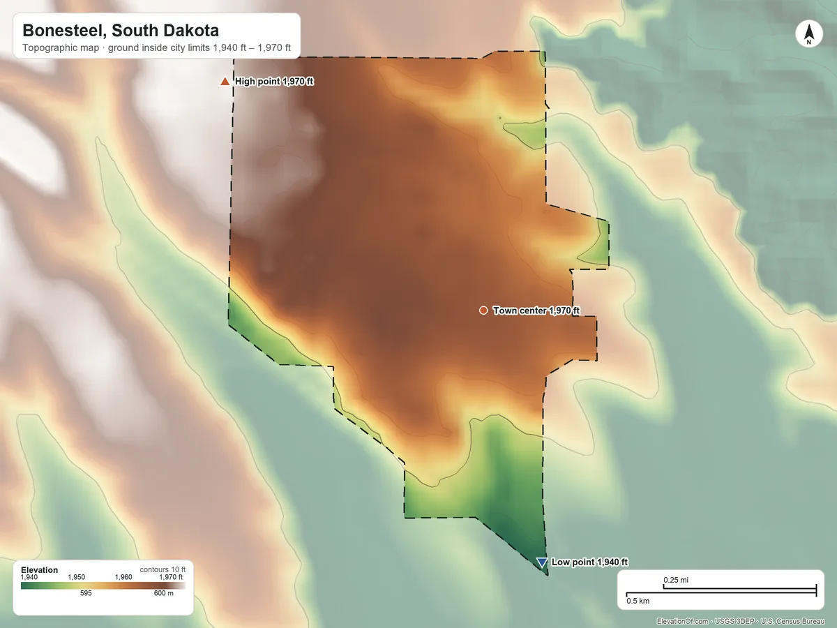 Topographic elevation map of Bonesteel, South Dakota, shaded from 1,940 ft on the south side to 1,970 ft on the northwest side