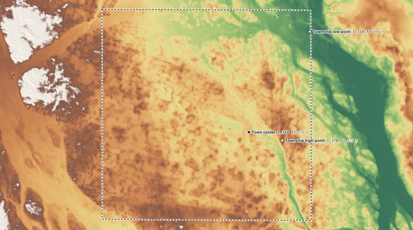 Topographic elevation map of Bonilla Township, South Dakota, shaded from 1,310 ft on the northeast side to 1,370 ft on the east side