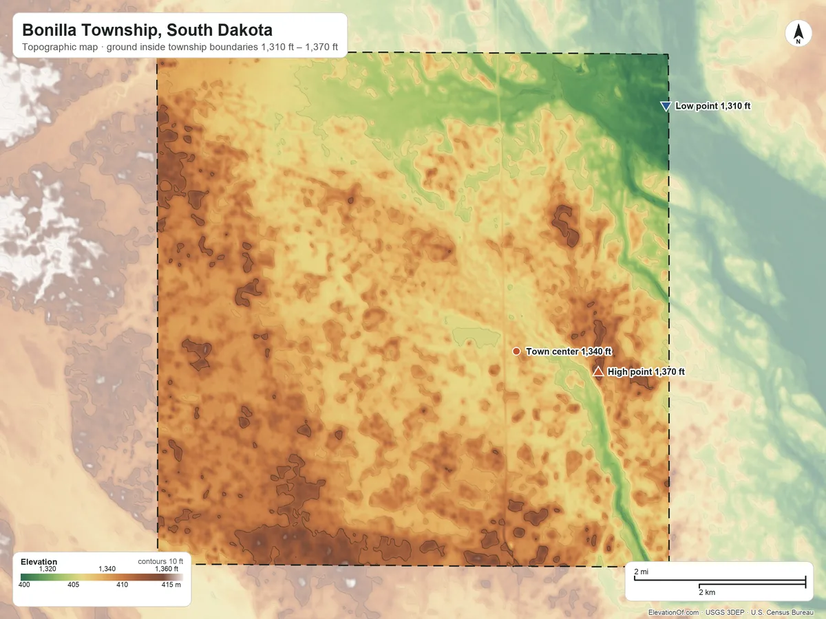 Topographic elevation map of Bonilla Township, South Dakota, shaded from 1,310 ft on the northeast side to 1,370 ft on the east side