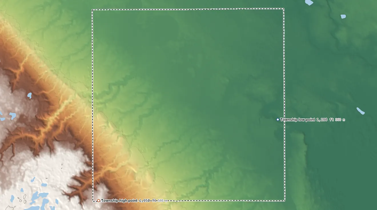 Topographic elevation map of Bossko Township, South Dakota, shaded from 1,180 ft on the east side to 1,950 ft on the southwest side