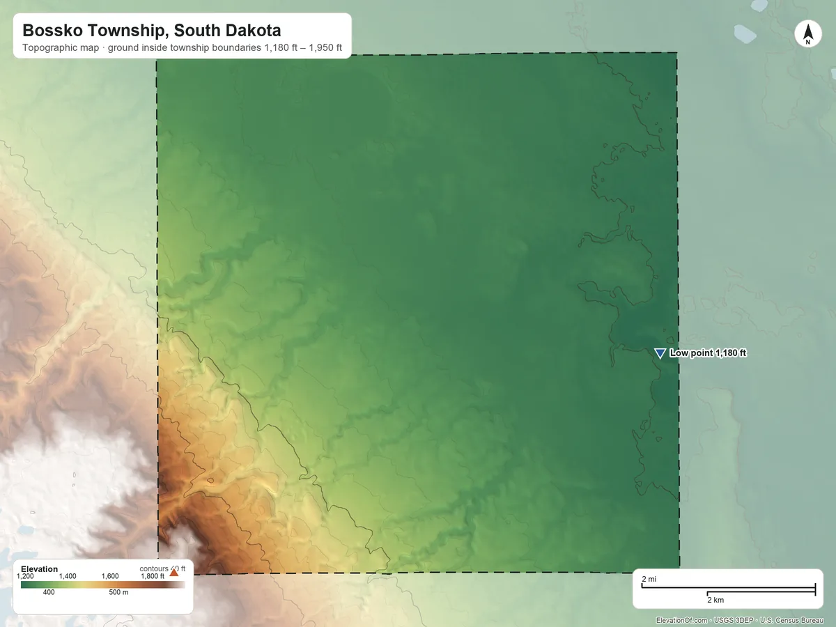 Topographic elevation map of Bossko Township, South Dakota, shaded from 1,180 ft on the east side to 1,950 ft on the southwest side