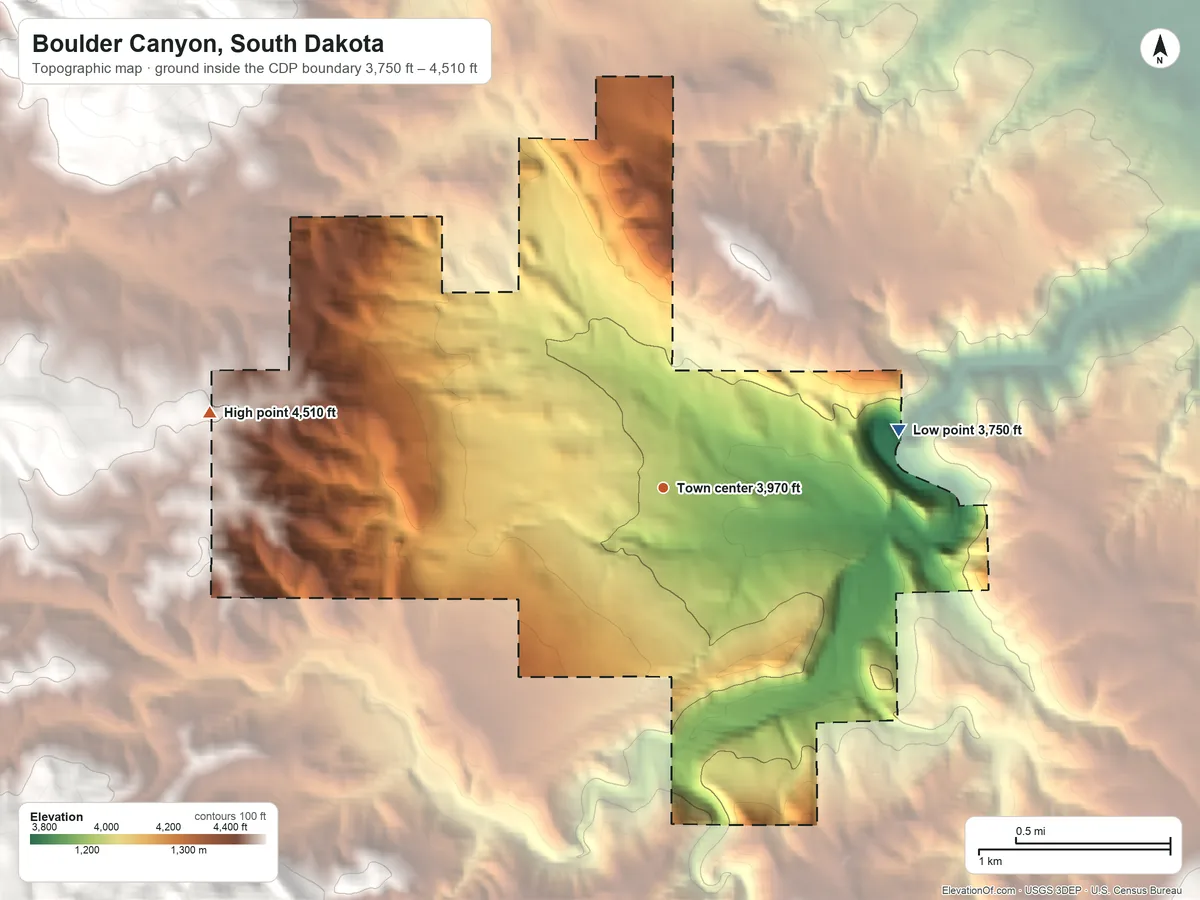 Topographic elevation map of Boulder Canyon, South Dakota, shaded from 3,750 ft on the east side to 4,510 ft at the foot of the Black Hills