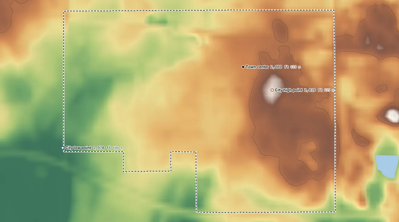 Topographic elevation map of Bowdle, South Dakota, shaded from 1,970 ft on the southwest side to 2,010 ft on the southeast side