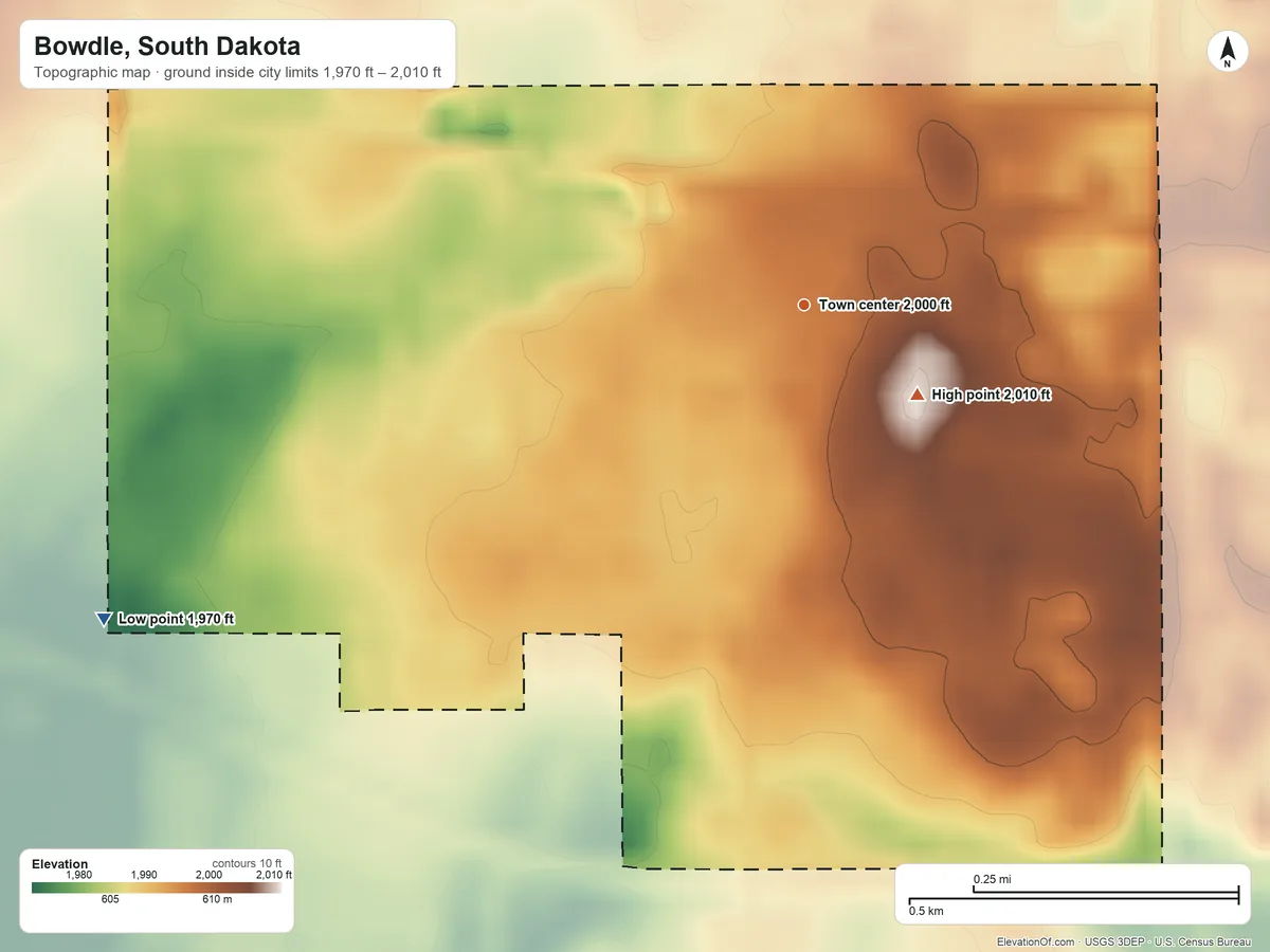 Topographic elevation map of Bowdle, South Dakota, shaded from 1,970 ft on the southwest side to 2,010 ft on the southeast side