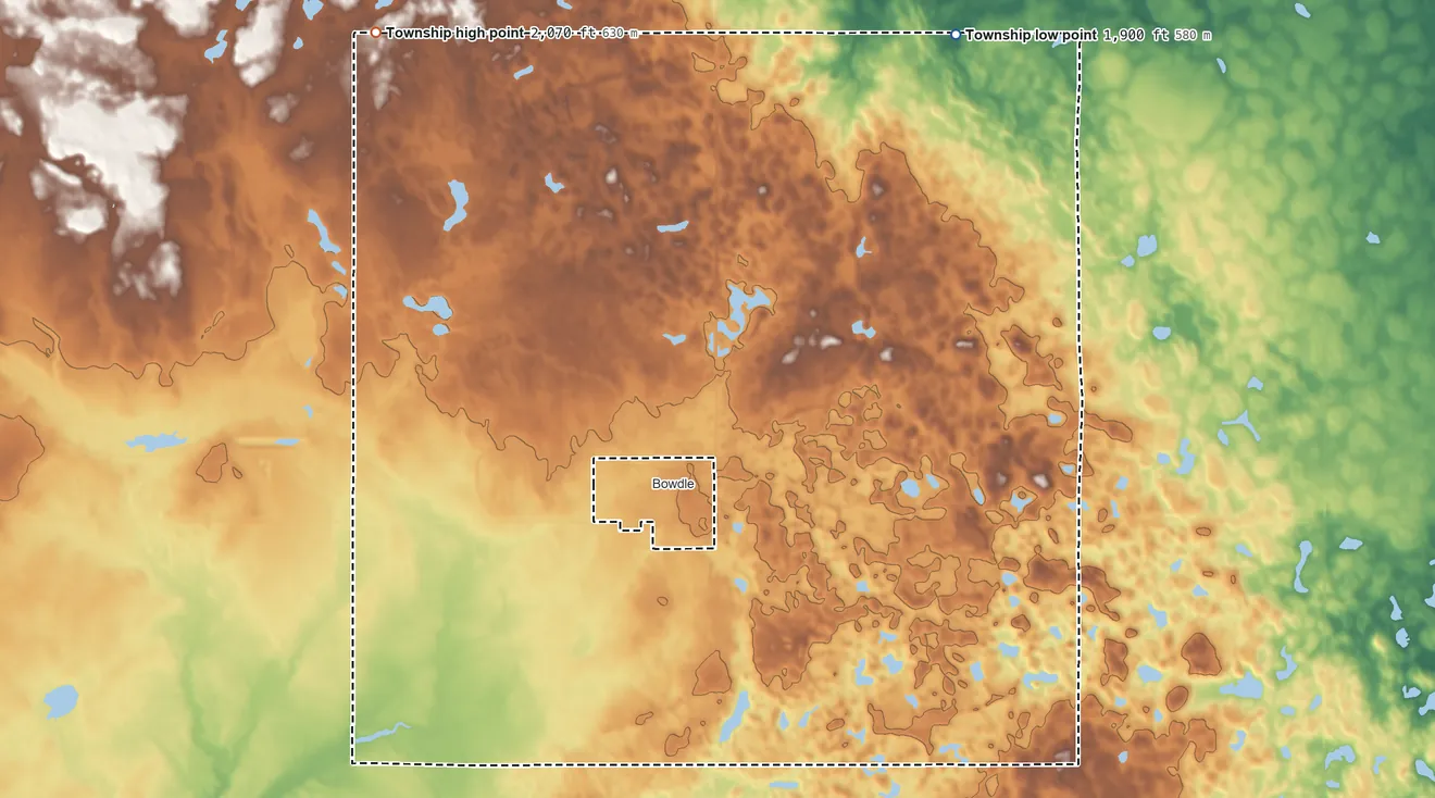 Topographic elevation map of Bowdle Township, South Dakota, shaded from 1,900 ft on the northeast side to 2,070 ft on the northwest side
