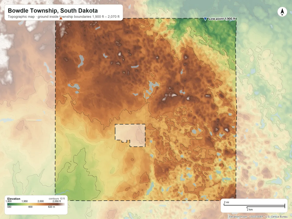 Topographic elevation map of Bowdle Township, South Dakota, shaded from 1,900 ft on the northeast side to 2,070 ft on the northwest side
