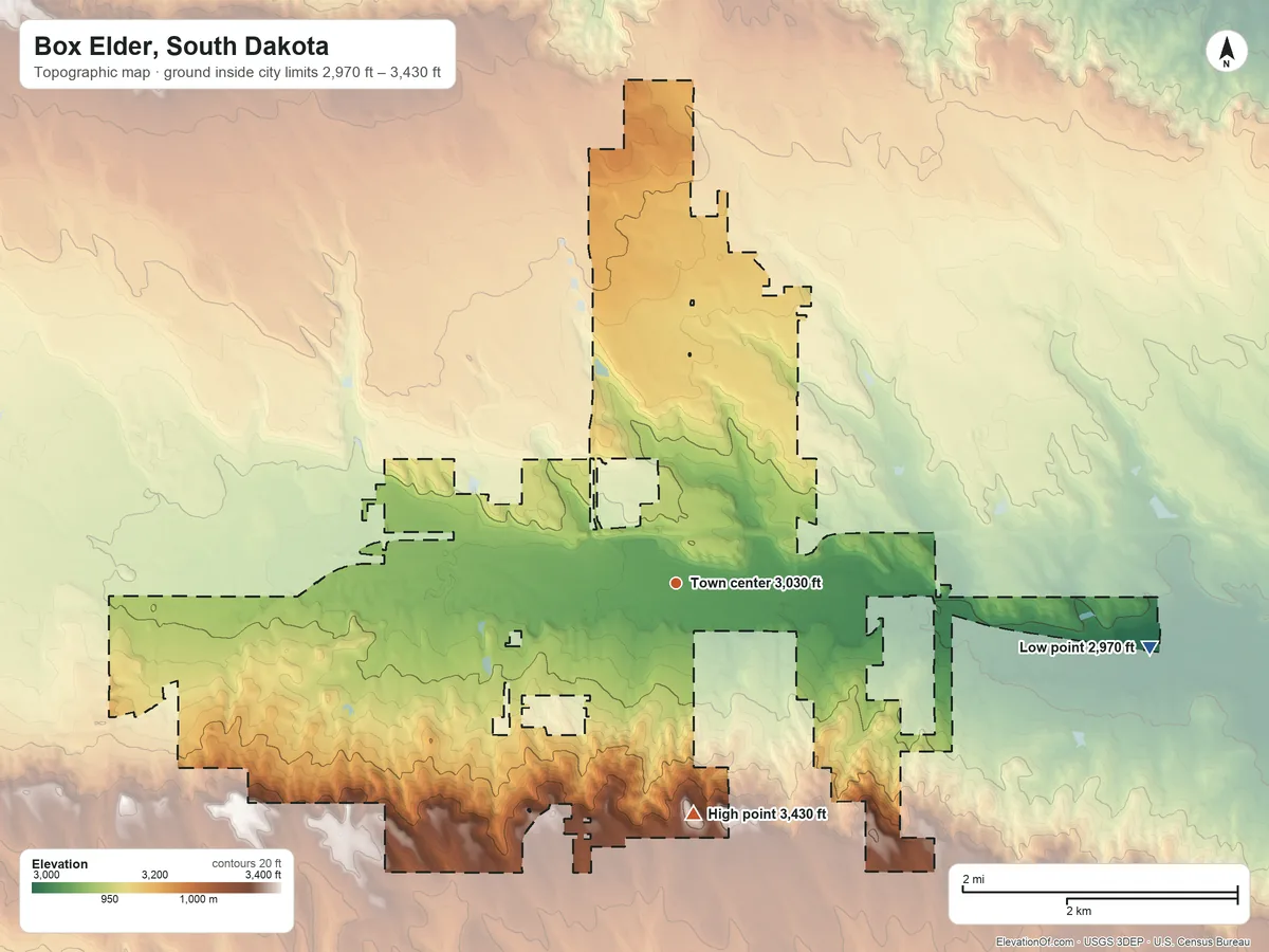 Topographic elevation map of Box Elder, South Dakota, shaded from 2,970 ft on the east side to 3,430 ft on the south side