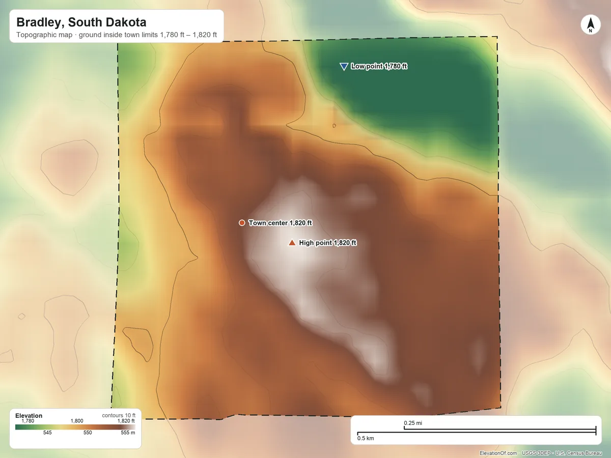 Topographic elevation map of Bradley, South Dakota, shaded from 1,780 ft on the northeast side to 1,820 ft near the middle