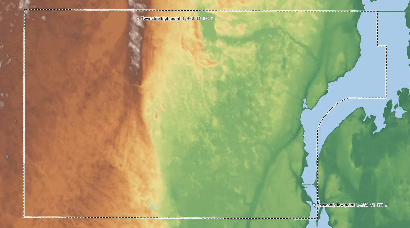 Topographic elevation map of Brainard Township, South Dakota, shaded from 1,280 ft on the southeast side to 1,400 ft on the north side