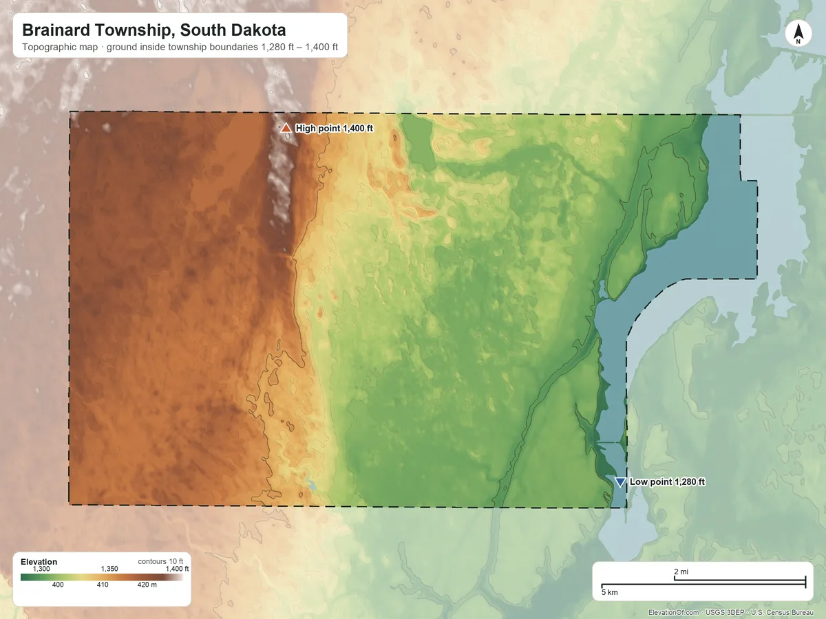 Topographic elevation map of Brainard Township, South Dakota, shaded from 1,280 ft on the southeast side to 1,400 ft on the north side