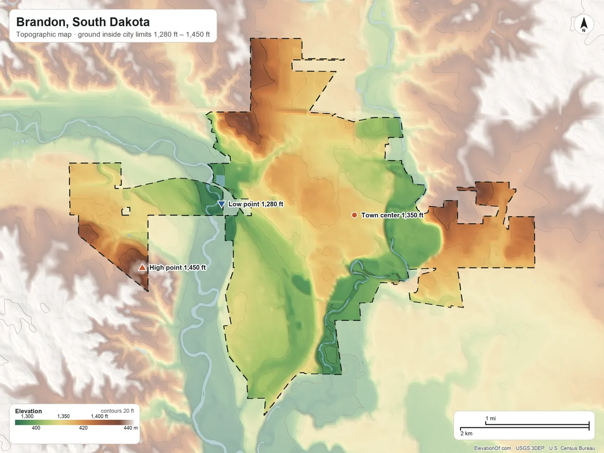Topographic elevation map of Brandon, South Dakota, shaded from 1,280 ft on the west side to 1,450 ft on the west side