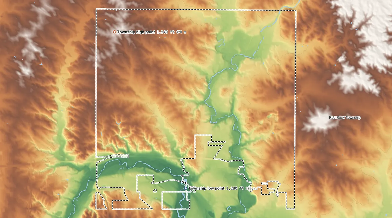 Topographic elevation map of Brandon Township, South Dakota, shaded from 1,280 ft on the south side to 1,540 ft on the northwest side