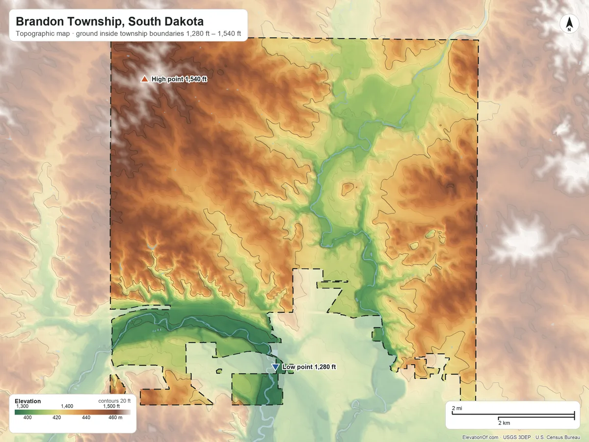 Topographic elevation map of Brandon Township, South Dakota, shaded from 1,280 ft on the south side to 1,540 ft on the northwest side