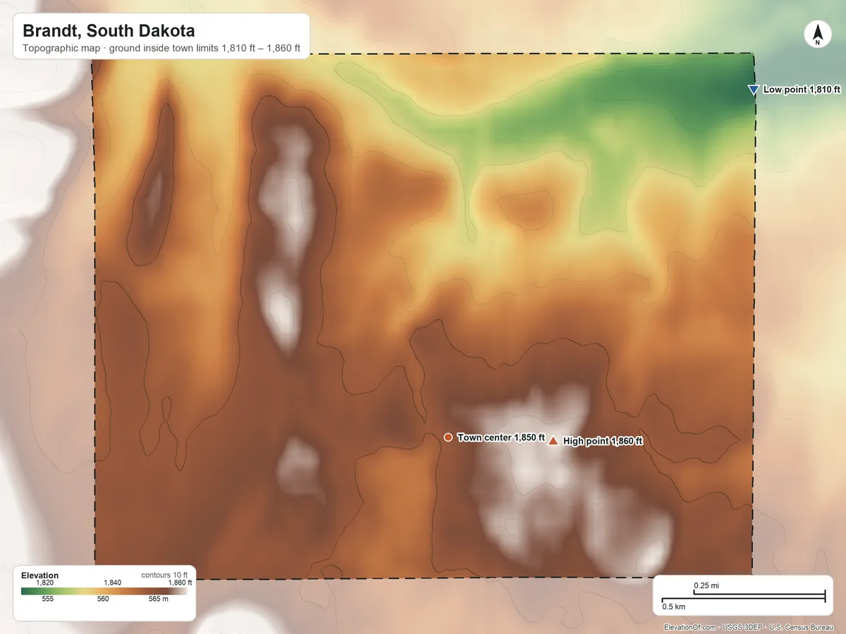 Topographic elevation map of Brandt, South Dakota, shaded from 1,810 ft on the northeast side to 1,860 ft on the east side