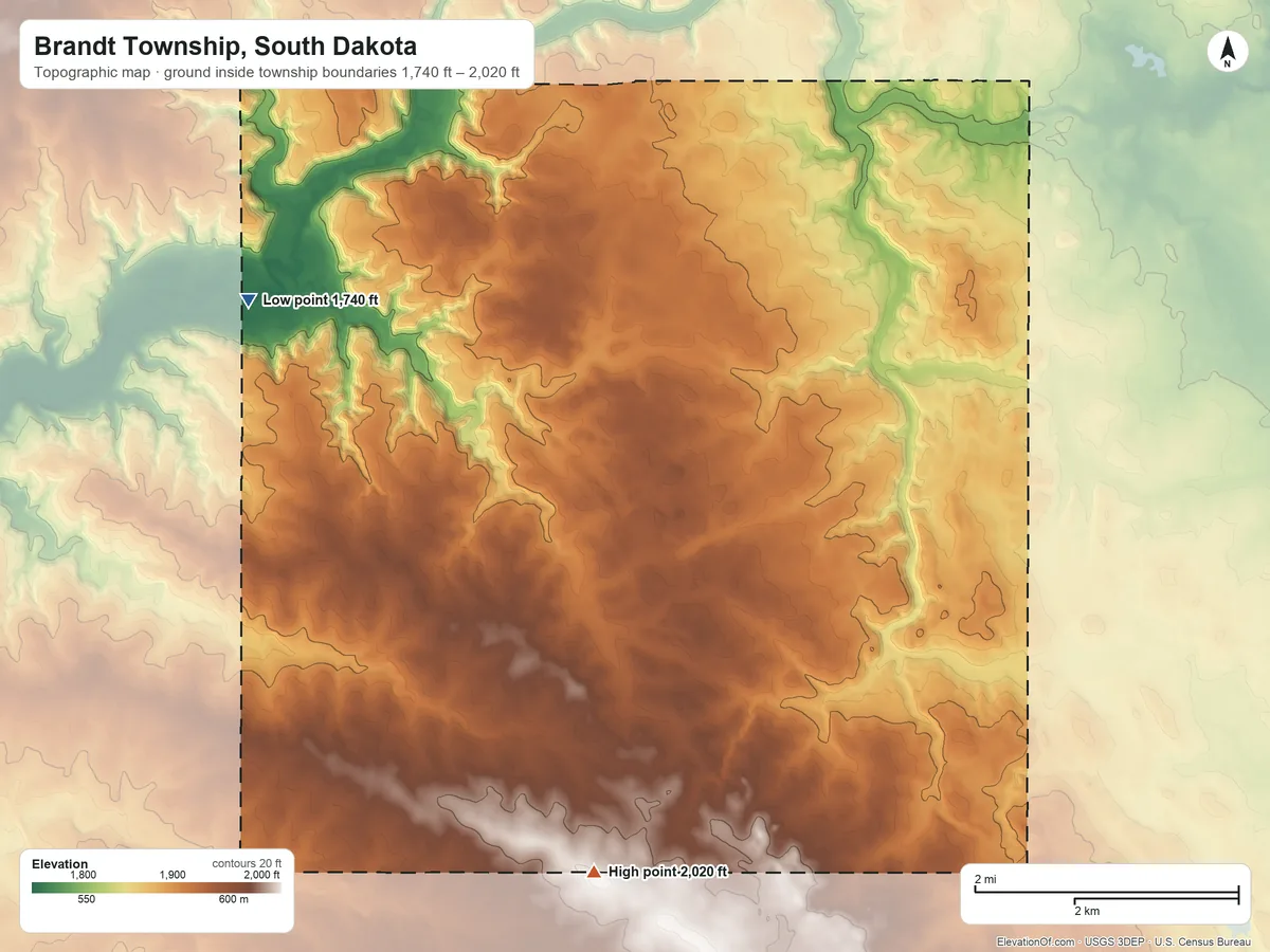 Topographic elevation map of Brandt Township, South Dakota, shaded from 1,740 ft on the west side to 2,020 ft on the south side