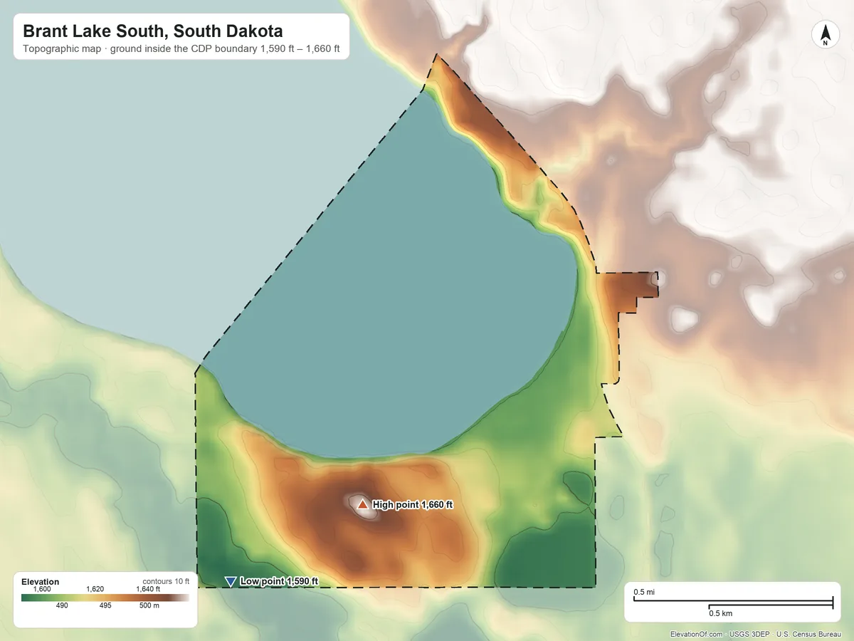 Topographic elevation map of Brant Lake South, South Dakota, shaded from 1,590 ft on the southwest side to 1,660 ft on the southwest side