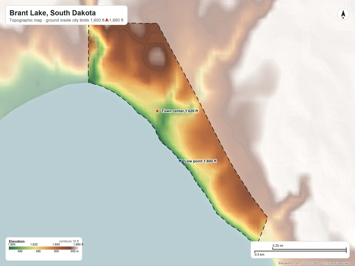 Topographic elevation map of Brant Lake, South Dakota, shaded from 1,600 ft on the southeast side to 1,660 ft on the northwest side