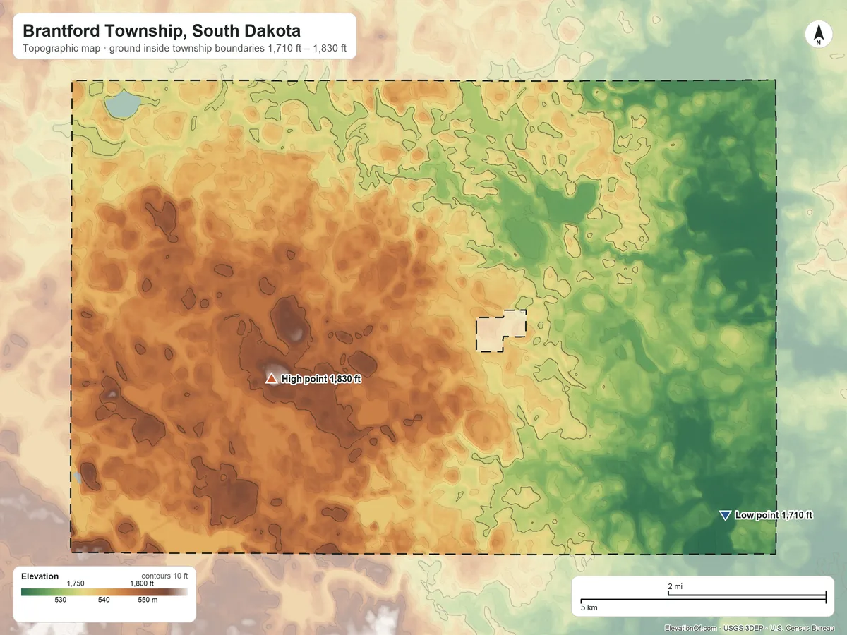 Topographic elevation map of Brantford Township, South Dakota, shaded from 1,710 ft on the southeast side to 1,830 ft on the west side