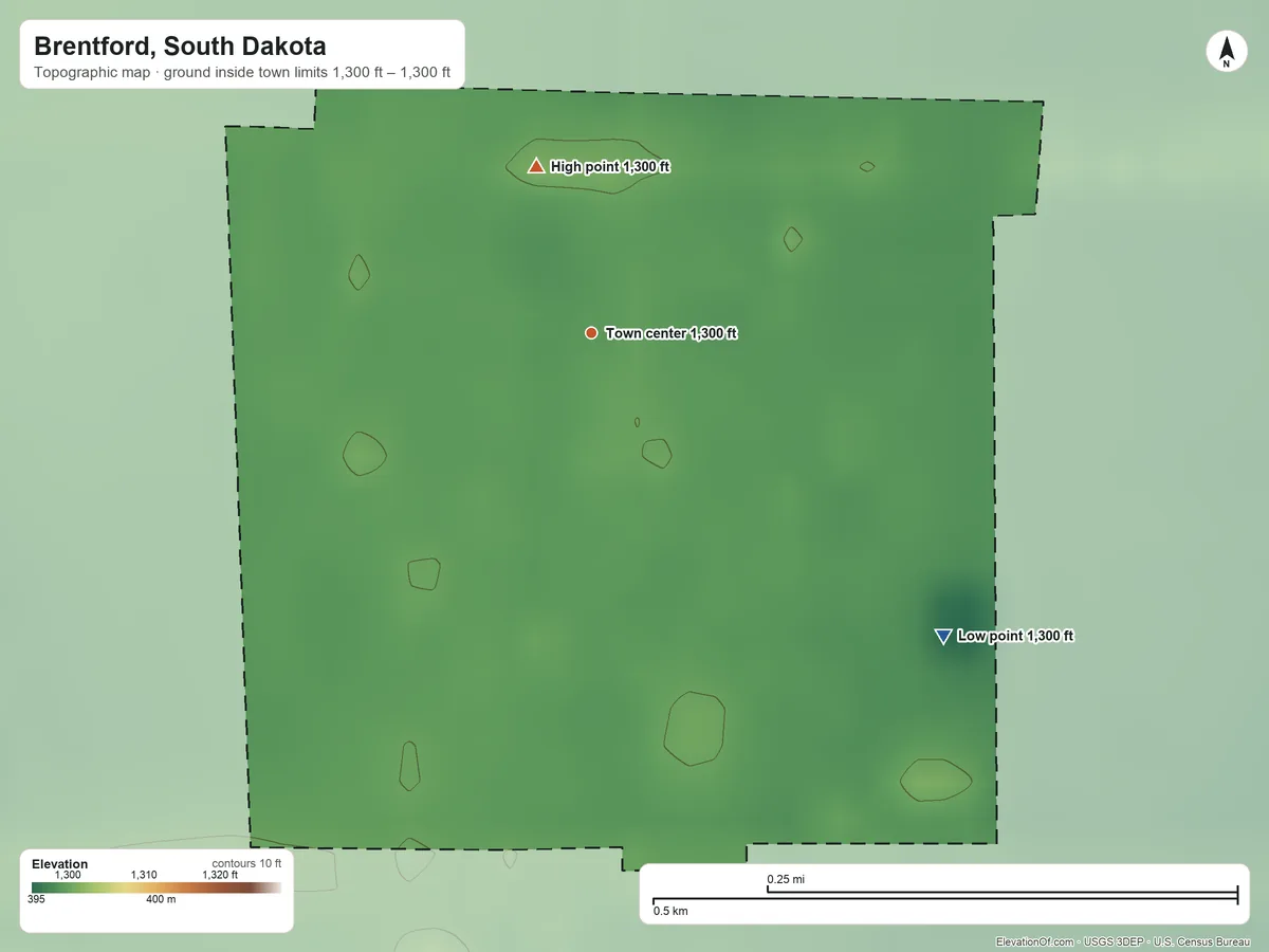 Topographic elevation map of Brentford, South Dakota, shaded from 1,300 ft on the southeast side to 1,300 ft on the north side