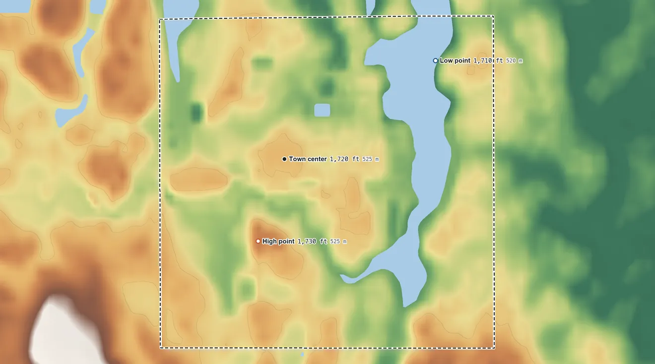 Topographic elevation map of Brentwood Colony, South Dakota, shaded from 1,710 ft on the northeast side to 1,730 ft on the south side