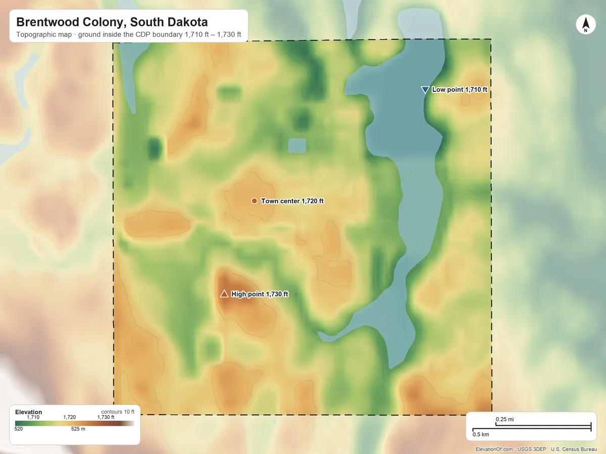 Topographic elevation map of Brentwood Colony, South Dakota, shaded from 1,710 ft on the northeast side to 1,730 ft on the south side
