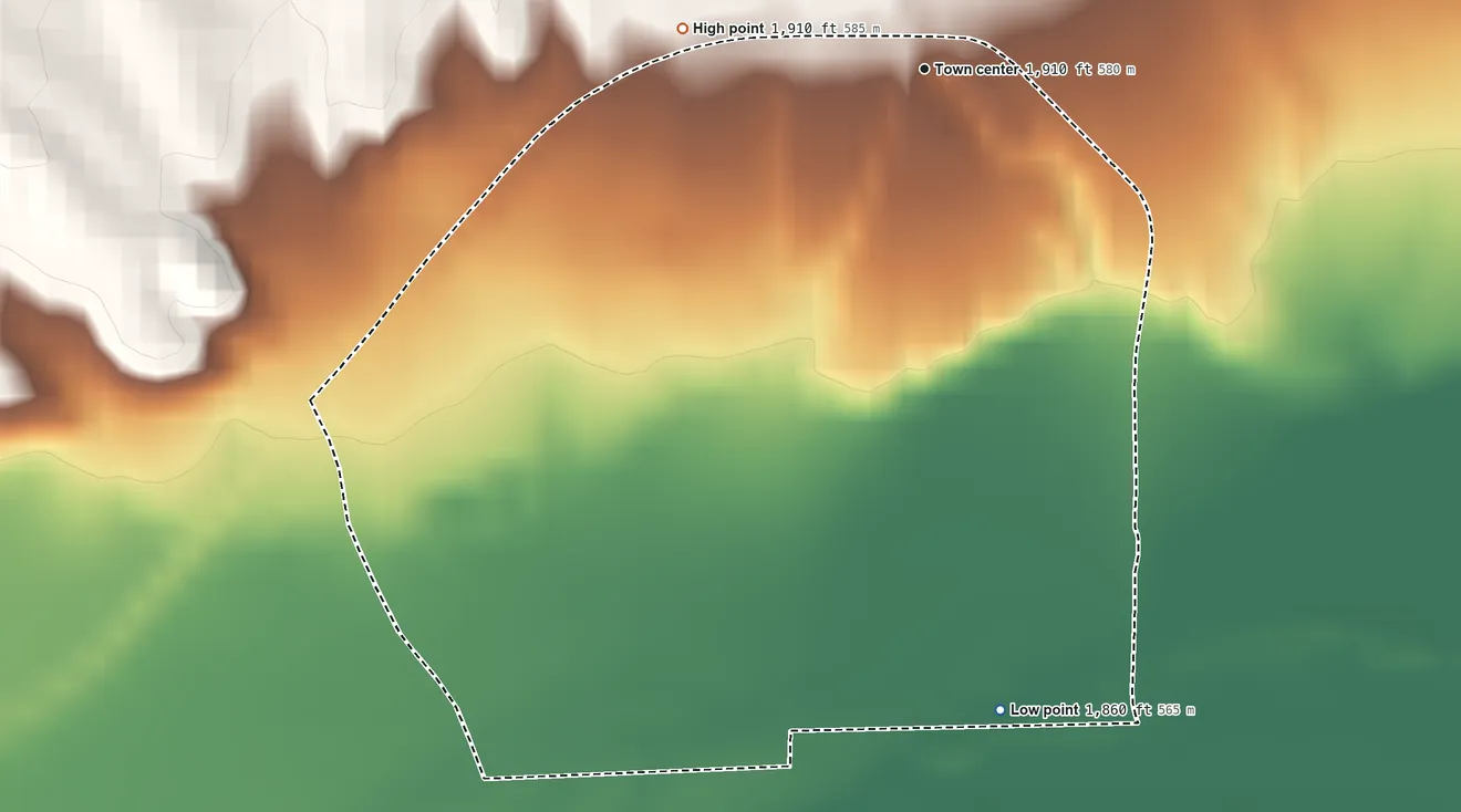 Topographic elevation map of Bridger, South Dakota, shaded from 1,860 ft on the south side to 1,910 ft on the west edge, below higher ground just outside