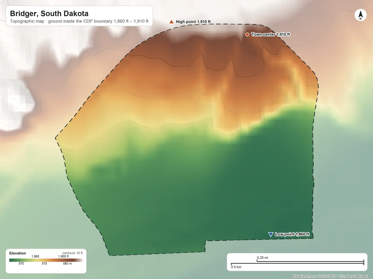 Topographic elevation map of Bridger, South Dakota, shaded from 1,860 ft on the south side to 1,910 ft on the west edge, below higher ground just outside