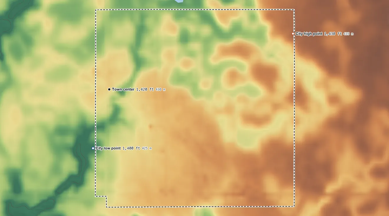 Topographic elevation map of Bridgewater, South Dakota, shaded from 1,400 ft on the south side to 1,430 ft on the east side