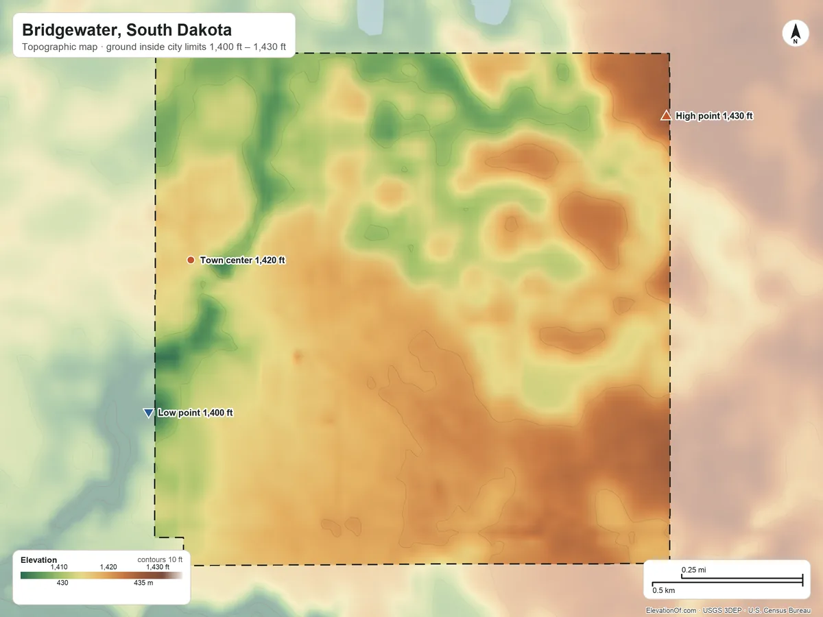 Topographic elevation map of Bridgewater, South Dakota, shaded from 1,400 ft on the south side to 1,430 ft on the east side