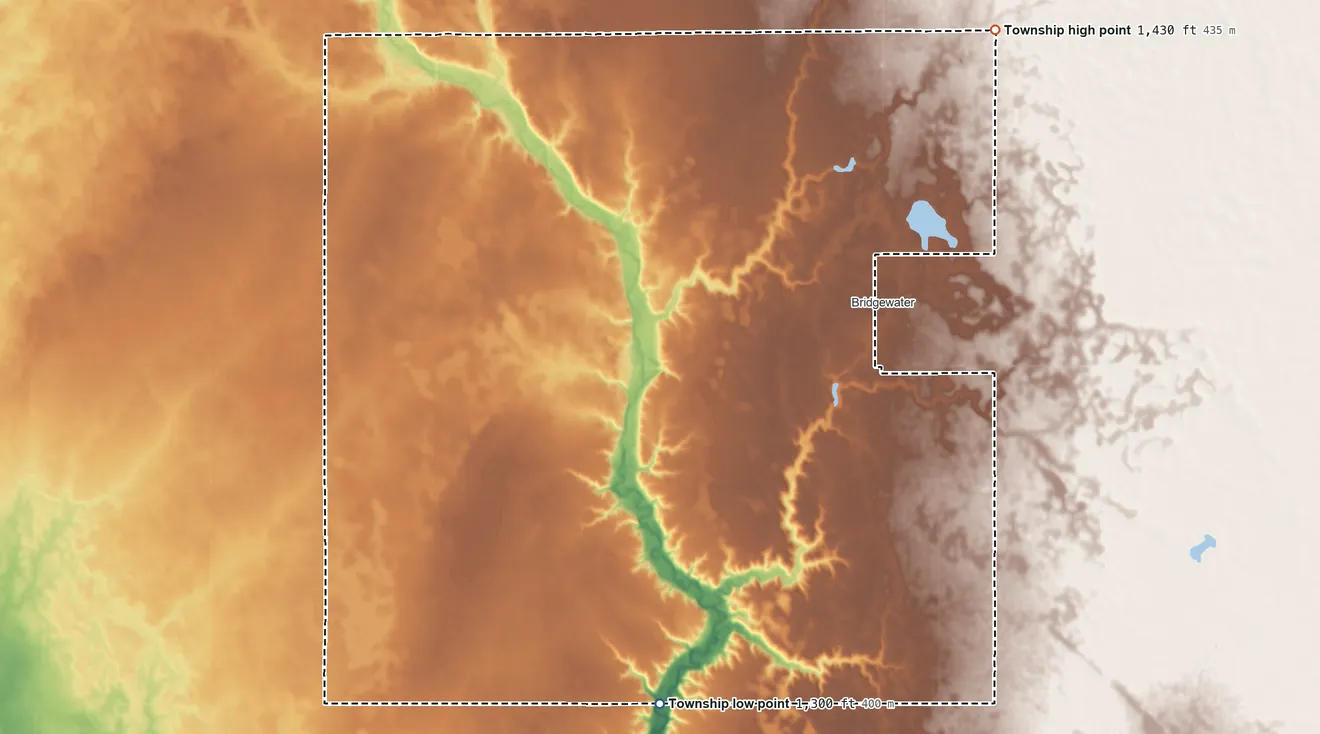 Topographic elevation map of Bridgewater Township, South Dakota, shaded from 1,300 ft on the south side to 1,430 ft on the northeast side