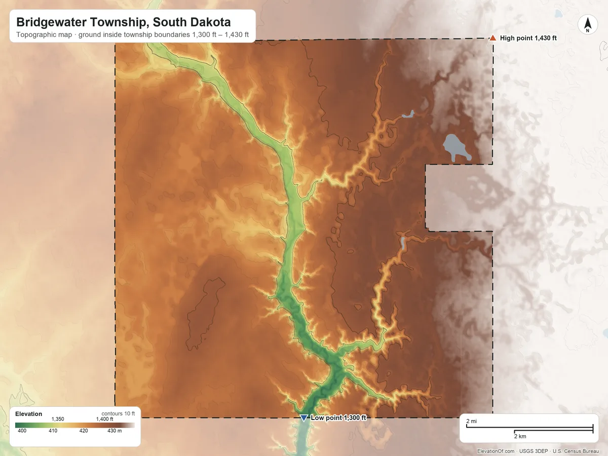 Topographic elevation map of Bridgewater Township, South Dakota, shaded from 1,300 ft on the south side to 1,430 ft on the northeast side