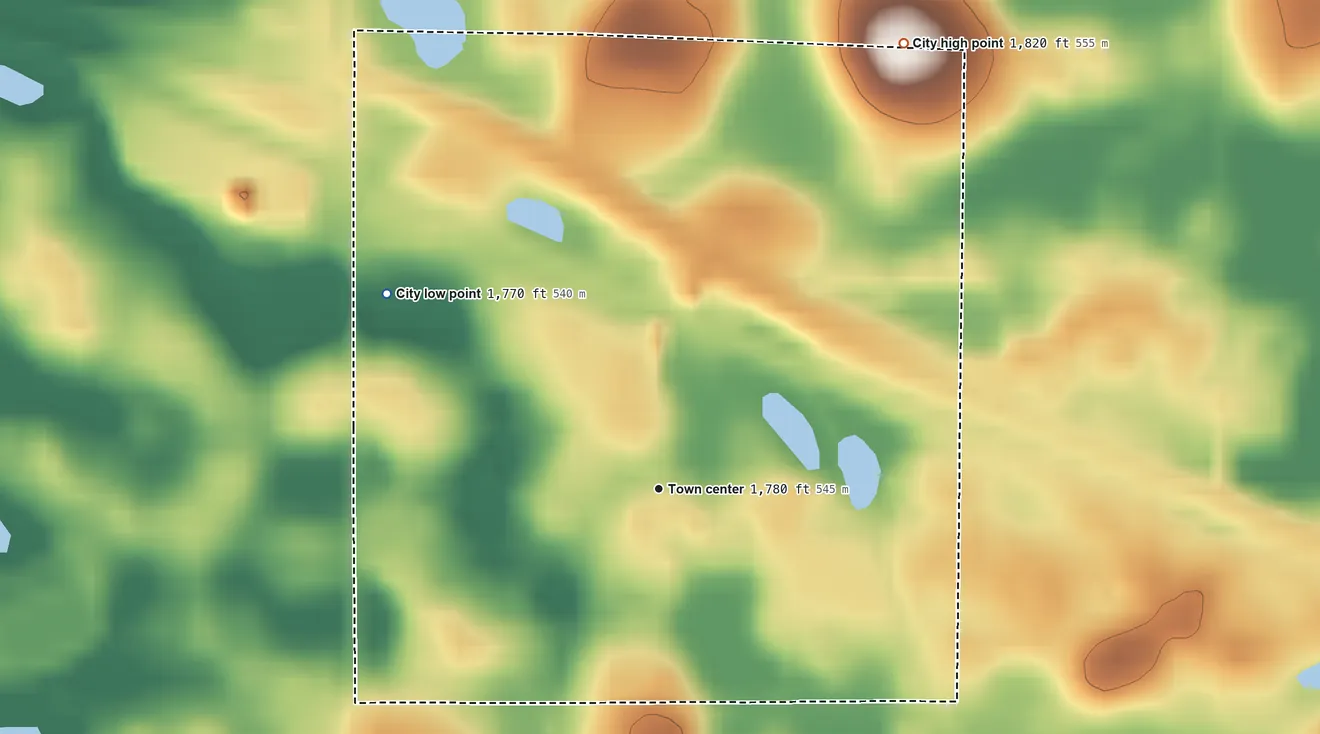 Topographic elevation map of Bristol, South Dakota, shaded from 1,770 ft on the northwest side to 1,820 ft on the northeast side