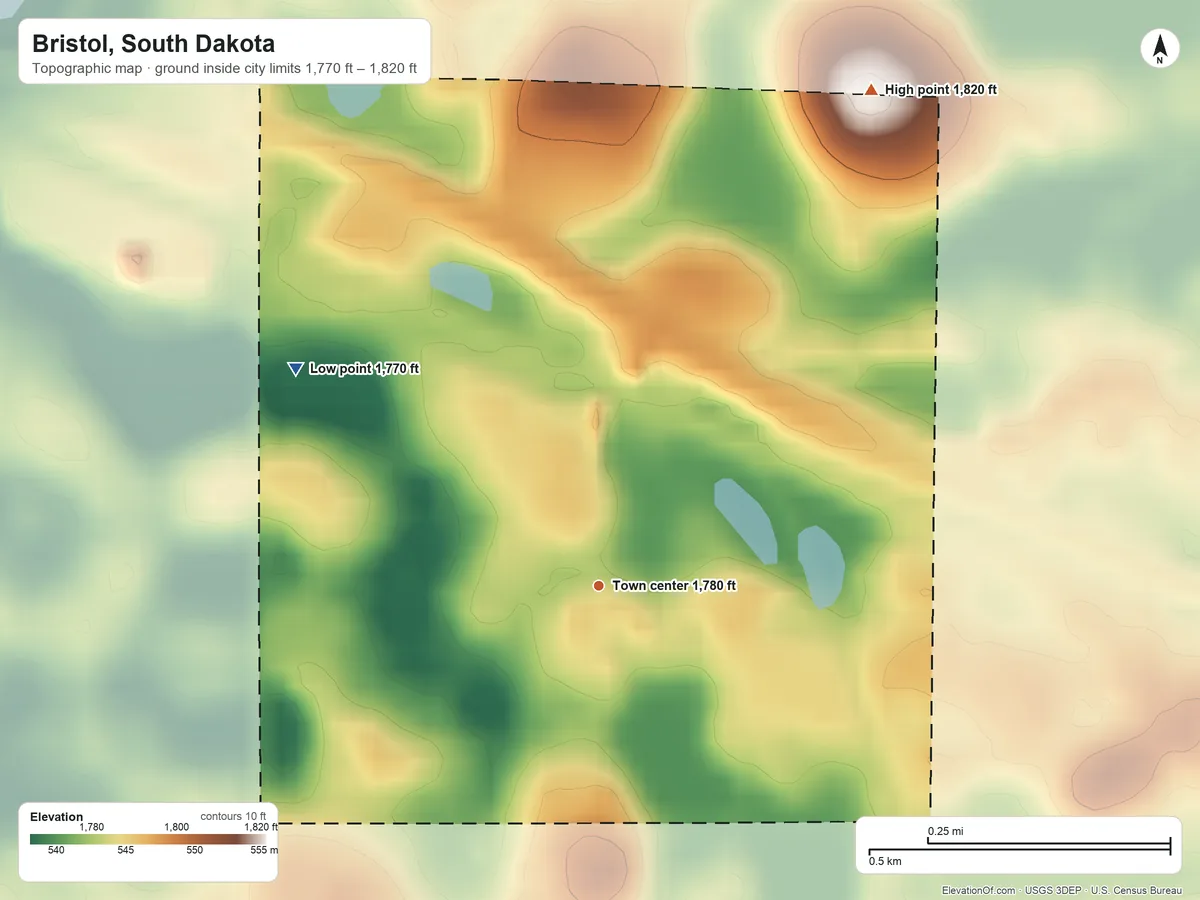 Topographic elevation map of Bristol, South Dakota, shaded from 1,770 ft on the northwest side to 1,820 ft on the northeast side