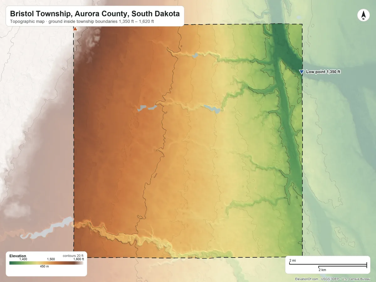 Topographic elevation map of Bristol Township, Aurora County, South Dakota, shaded from 1,350 ft on the northeast side to 1,620 ft on the northwest side