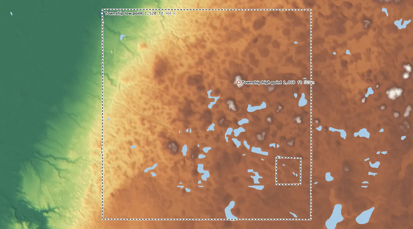 Topographic elevation map of Bristol Township, South Dakota, shaded from 1,520 ft on the northwest side to 1,860 ft on the east side