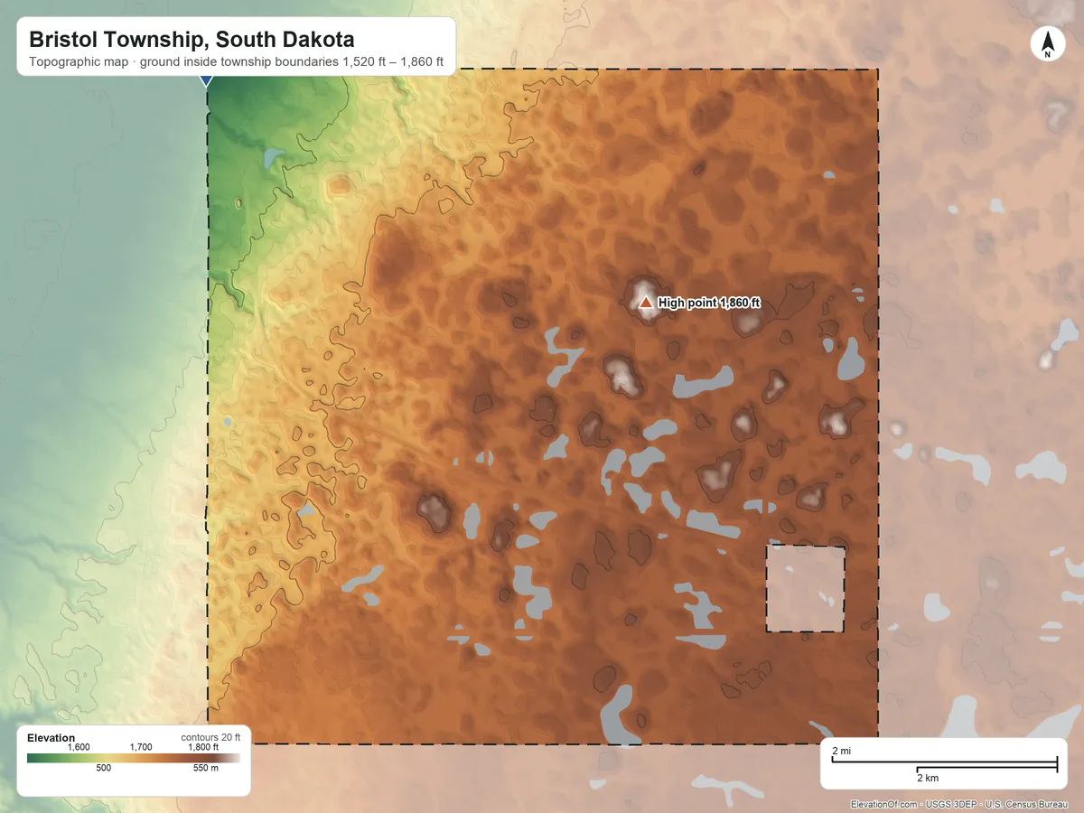 Topographic elevation map of Bristol Township, South Dakota, shaded from 1,520 ft on the northwest side to 1,860 ft on the east side
