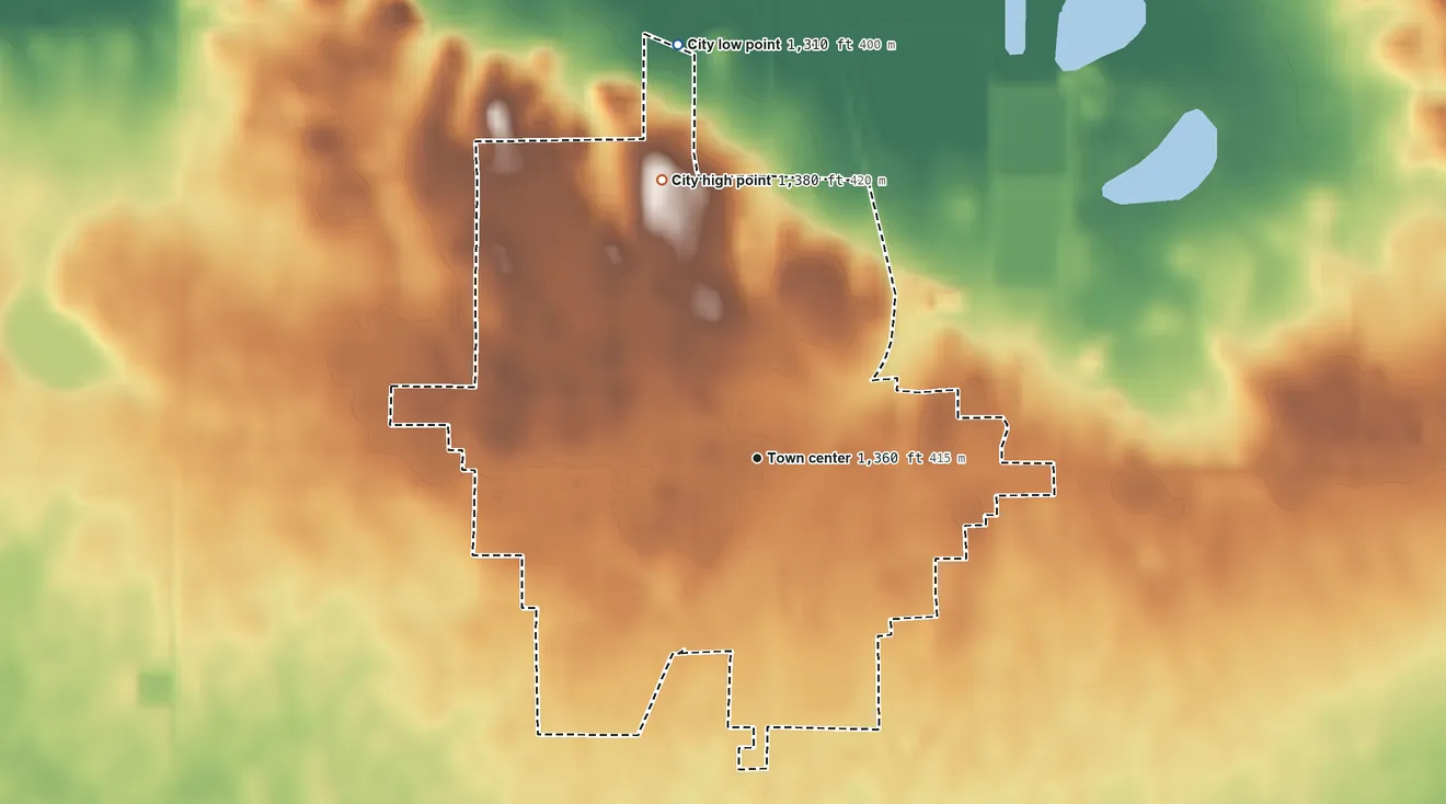 Topographic elevation map of Britton, South Dakota, shaded from 1,310 ft on the north side to 1,380 ft on the north side
