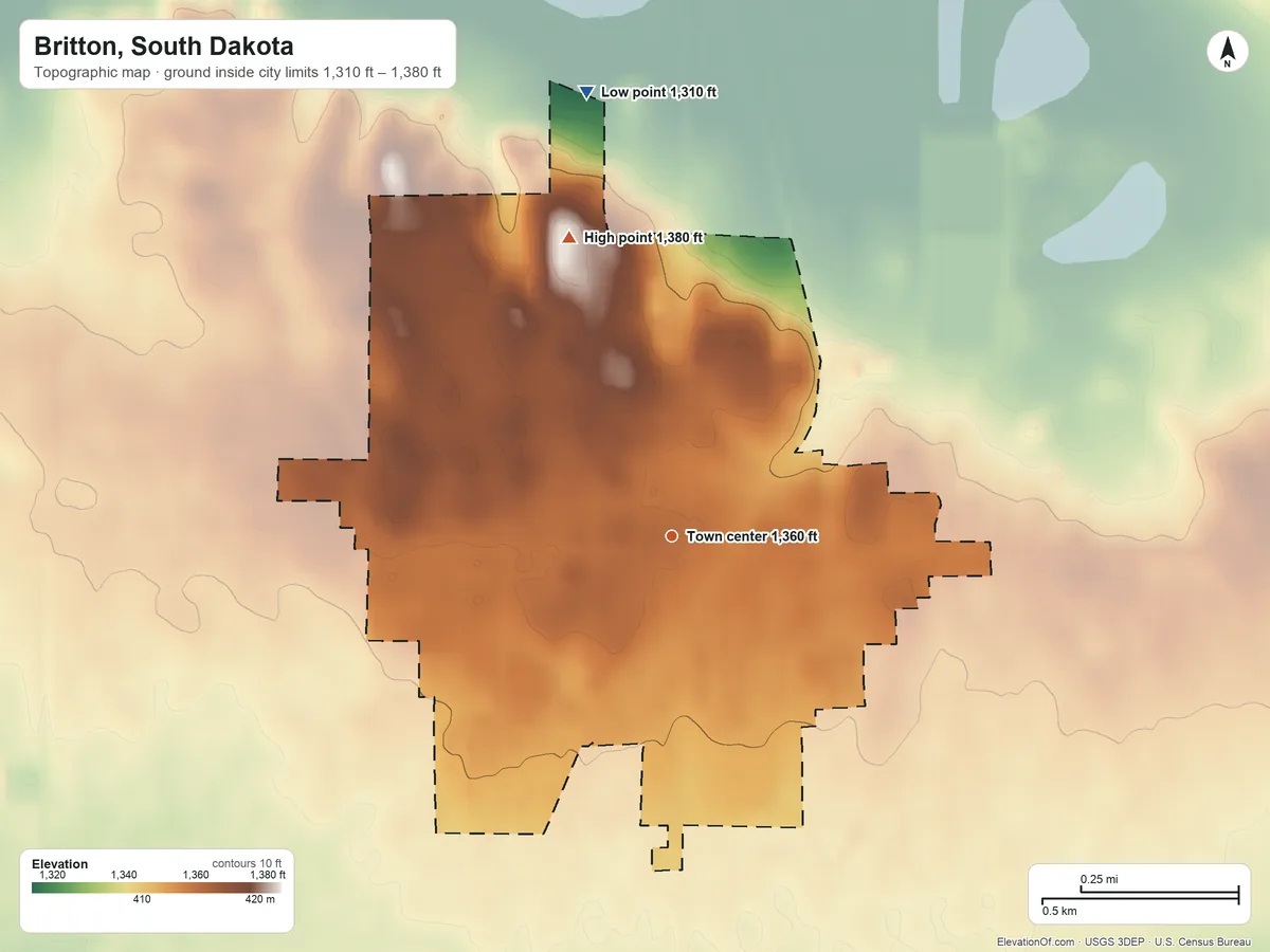 Topographic elevation map of Britton, South Dakota, shaded from 1,310 ft on the north side to 1,380 ft on the north side