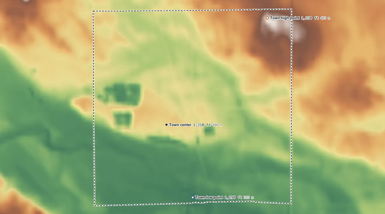 Topographic elevation map of Broadland, South Dakota, shaded from 1,290 ft on the south side to 1,330 ft on the northeast side