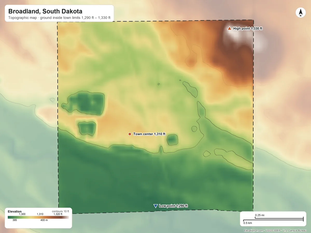 Topographic elevation map of Broadland, South Dakota, shaded from 1,290 ft on the south side to 1,330 ft on the northeast side